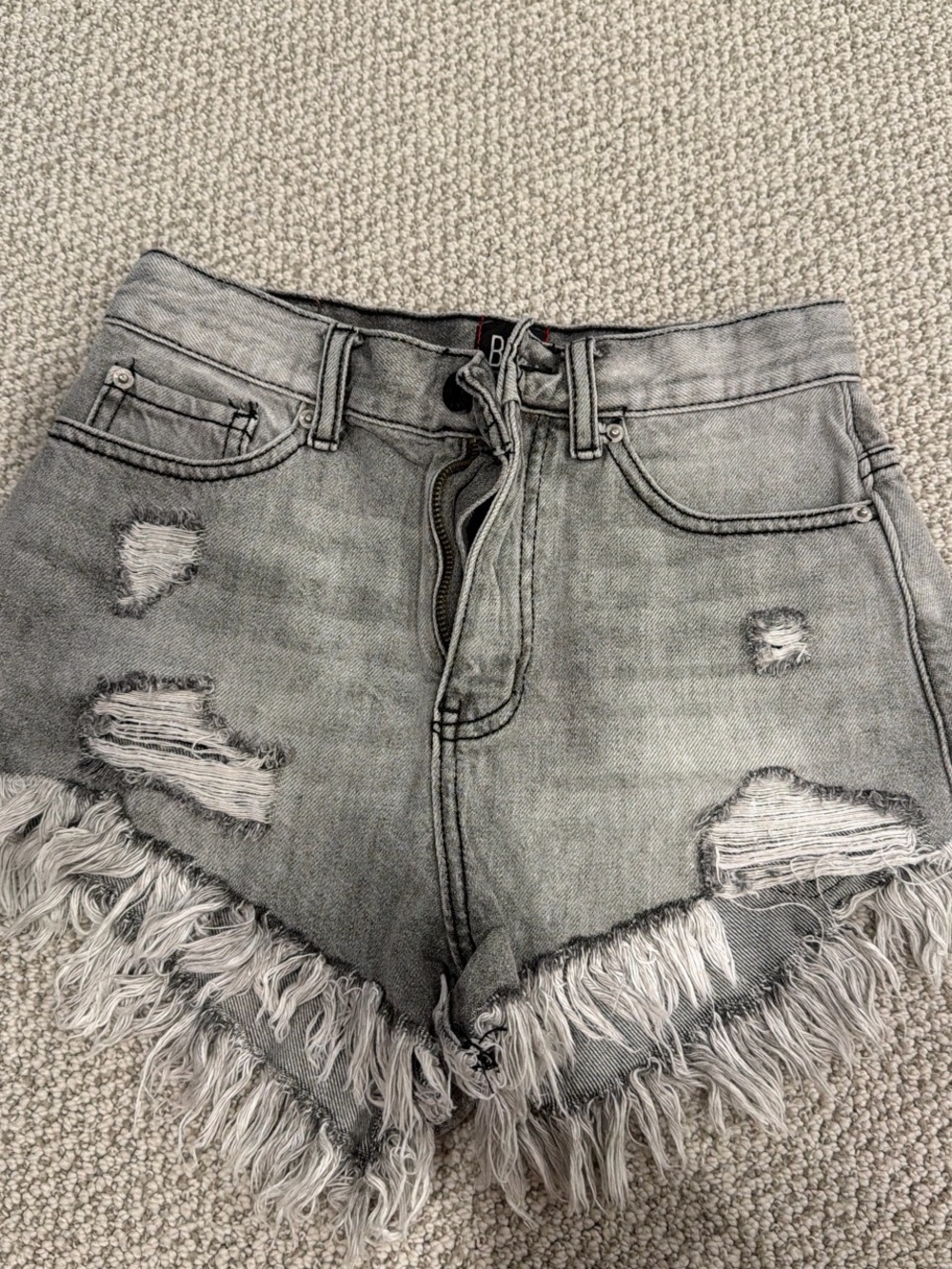 BDG Light Gray Distressed Fringe Denim Shorts